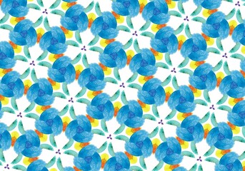 Bright abstract watercolor pattern. Portuguese tiles Azulejo. Spanish majolica. Seamless Mosaic background. Multicolored Flower mandalas.