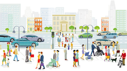 Großstadt  mit Fußgänger und Straßenverkehr, Illustration