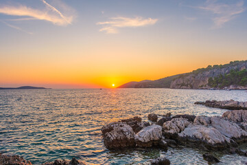 Fototapeta na wymiar Sunset over the Adriatic Sea from Hvar island, Croatia