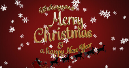 Image of merry christmas text over santa in sleigh and snow falling