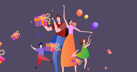 Image of happy family with balloons over presents falling at christmas