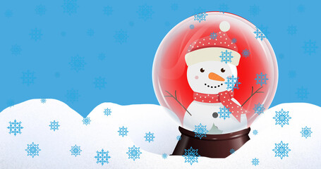 Image of snow globe with snowman over snowflakes at christmas