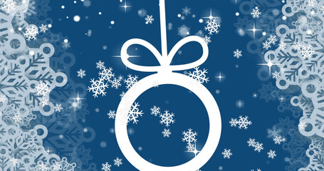 Image of christmas snowflakes falling over bauble on blue background