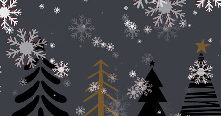 Image of snowflakes falling over christmas trees on grey background