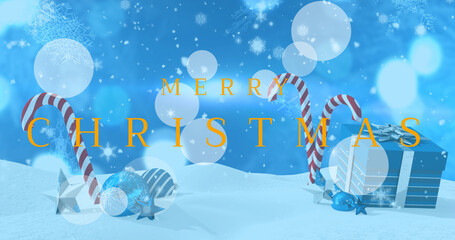 Image of seasons greetings over snow and christmas decorations