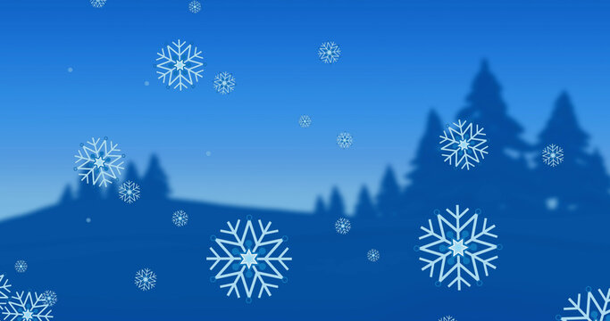 Image of christmas snowflakes falling on blue background