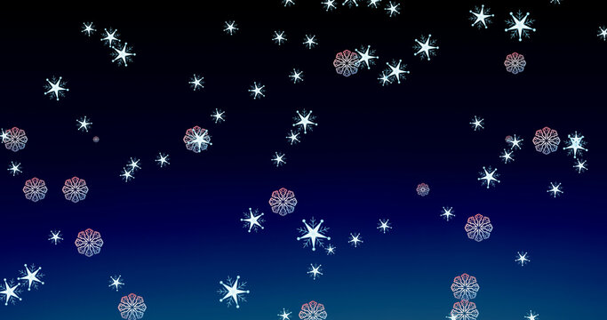 Image of christmas snowflakes falling on dark blue background