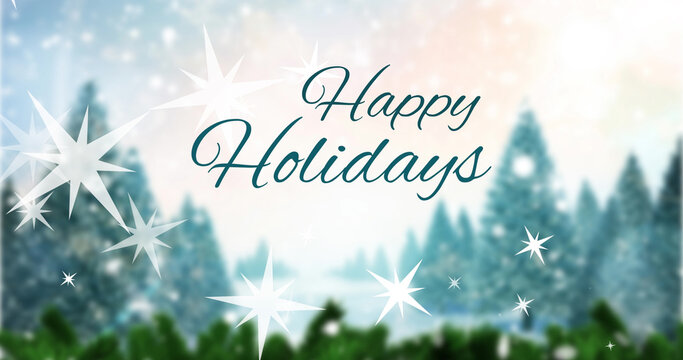 Image of happy holidays text at christmas over winter scenery