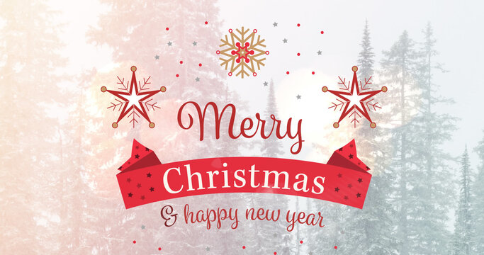 Image of merry christmas and happy new year on white background with trees