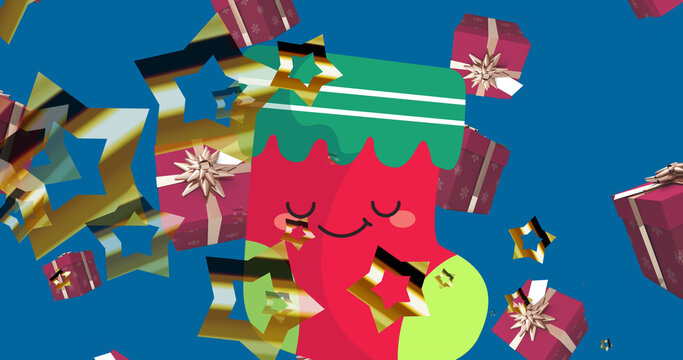 Image of stars and presents falling over happy cartoon christmas stocking