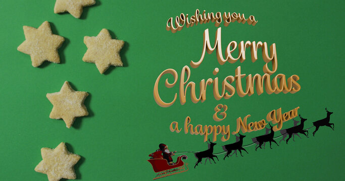 Image of wishing you merry christmas text over coopkies and santa sleigh on green background