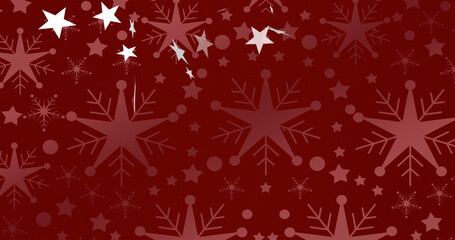 Naklejka na ściany i meble Image of christmas stars falling over red snowflake background