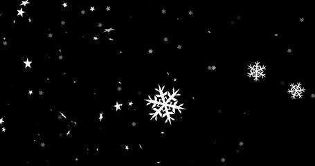 Fototapeta na wymiar Image of christmas snowflakes and stars falling over black background