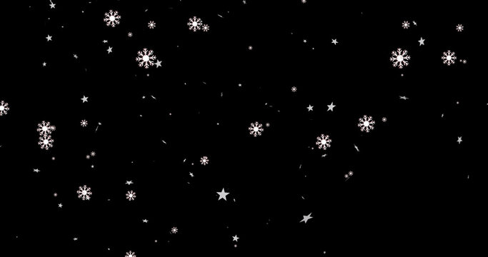 Image of christmas stars and snowflakes falling over black background