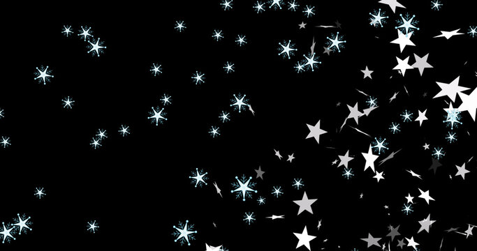 Image of christmas stars and snowflakes falling over black background