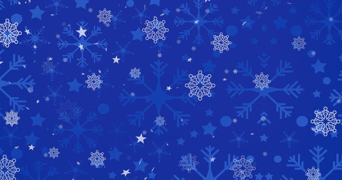 Image of christmas stars falling over snowflakes on blue background