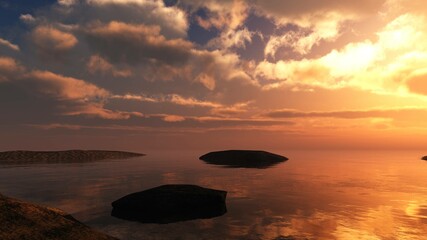 Naklejka na ściany i meble Beautiful sunset over the water with stones, stones in the water at sunset, sea sunset with stones, 3D rendering