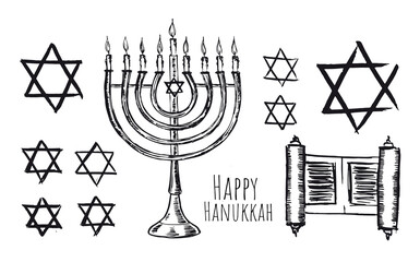Hanukkah with holiday candles, Hebrew David stars. Vector illustration.