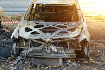 Skeleton burnt out car after an accident or arson.
