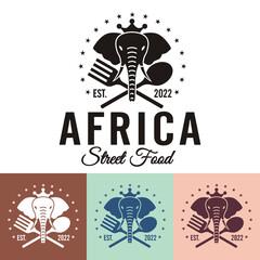 africa street food logo with elephant silhouette spoon and fork - vector illustration can be changed for other countries identical to elephants such as thailand or india
