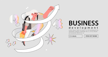 Business woman fly on jetpack and follow arrow through obstacles to her goal or to success. Business developement, career skill growth, opportunity, startup concept banner, landing web page. - obrazy, fototapety, plakaty