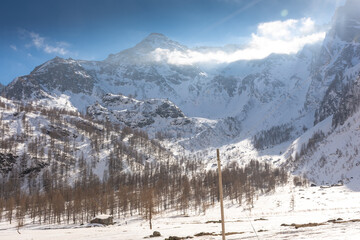 Snowy landscape in Pian della Mussa mountain, Piedmont, Italy