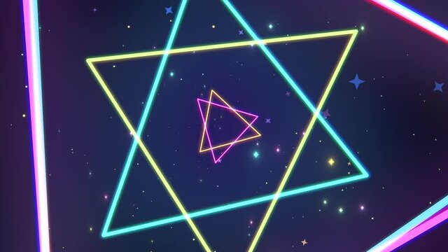 Looped neon triangle stars pop animation.