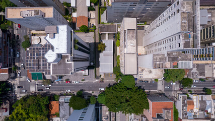 Fototapeta premium Aerial view of Jardins district in São Paulo, Brazil. Big residential and commercial buildings in a prime area near Av. Paulista with Ibirapuera Park on background. 