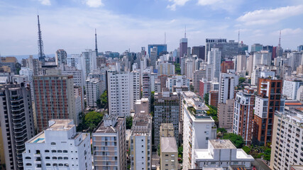 Aerial view of Jardins district in São Paulo, Brazil. Residential and commercial buildings in a prime area with Av. Paulista on background