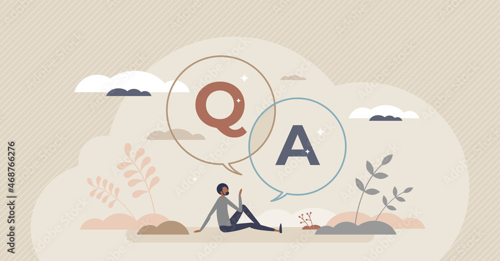 Poster questions and answers as asking for advice and support tiny person concept. q a feedback and custome