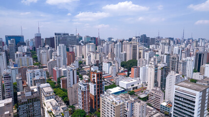 Aerial view of Jardins district in São Paulo, Brazil. Residential and commercial buildings in a prime area with Av. Paulista on background