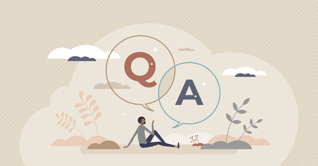 Questions and answers as asking for advice and support tiny person concept. Q A feedback and customer information explanation vector illustration. Conversation and communication about explained doubts - obrazy, fototapety, plakaty