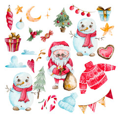 Colorful watercolor. Set of Christmas elements in watercolor technique isolated on white background. New Year's and Christmas. Christmas tree, toys, Santa Claus, snowman, gift boxes, sweets.