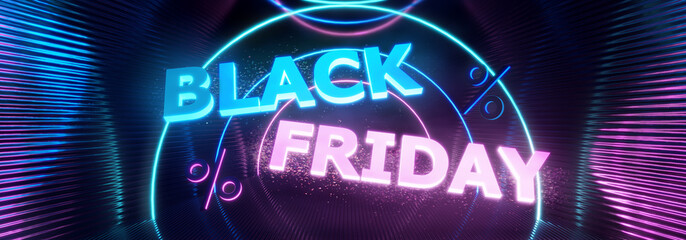 Black Friday Sale. Black Friday Super Sale. Cyber Monday. Neon background. Typography. Super Sale. Limited time offer. 3d rendering.