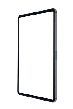 blank screen of new model tablet, side view isolated on white background