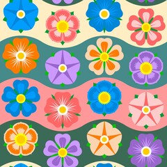 Beautiful seamless pattern with multicoloured flowers on background of wavy lines. Vector image.