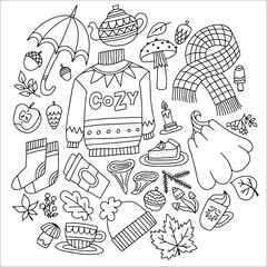 Autumn doodle set, vector isolated hand drawn elements with pumpkin, sweater, scarf, socks, tea, mushroom, umbrella, hat, cup, apple, leaf, cake, and others