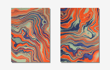 Set of cover templates. Fluid abstract backgrounds. Marble texture in blue, gray and orange colors.