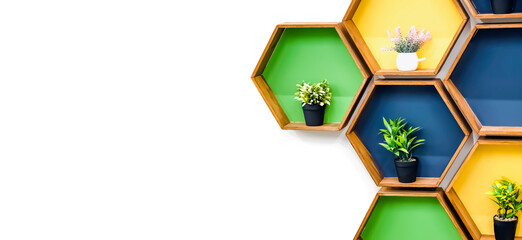 A banner with a white background for a furniture company with unusual colored shelves and pots with artificial flowers. Copy space. Indoors. Square shelves. Succulents as decoration.