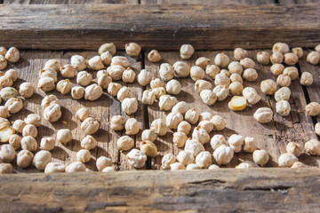 chickpea pod plant on wooden table. Heap of legume chickpea background