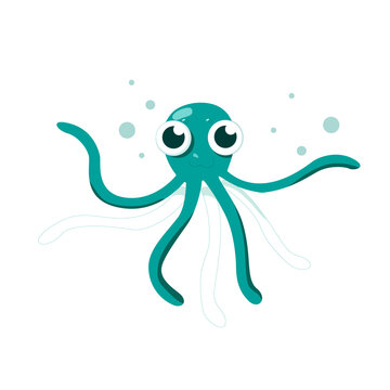 Little cute green octopus in flat style. Childrens illustration.