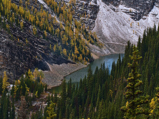 Beautiful aerial view of famous Lake Agnes located in a valley in the Rocky Mountains near Lake Louise, Banff National Park, Canada in autumn season.