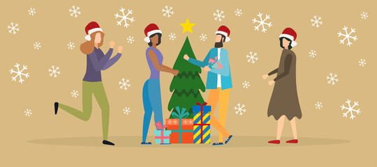 people standing near the Christmas tree and talking to each other, vector illustration