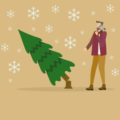 Obraz na płótnie Canvas man who cut down a Christmas tree for Christmas and New Year, vector illustration