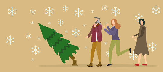 man who cut down a Christmas tree for Christmas and New Year, vector illustration