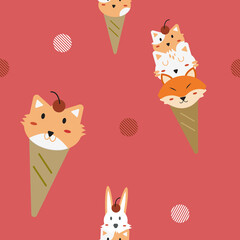 cat and fox ice cream fabric seamless cute pattern in red background