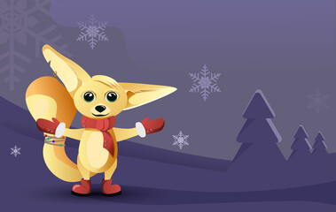 Cartoon fox on the winter background
