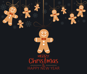 Merry Christmas and New Year background. New Year banner with gingerbread cookies. editable vector graphics.
