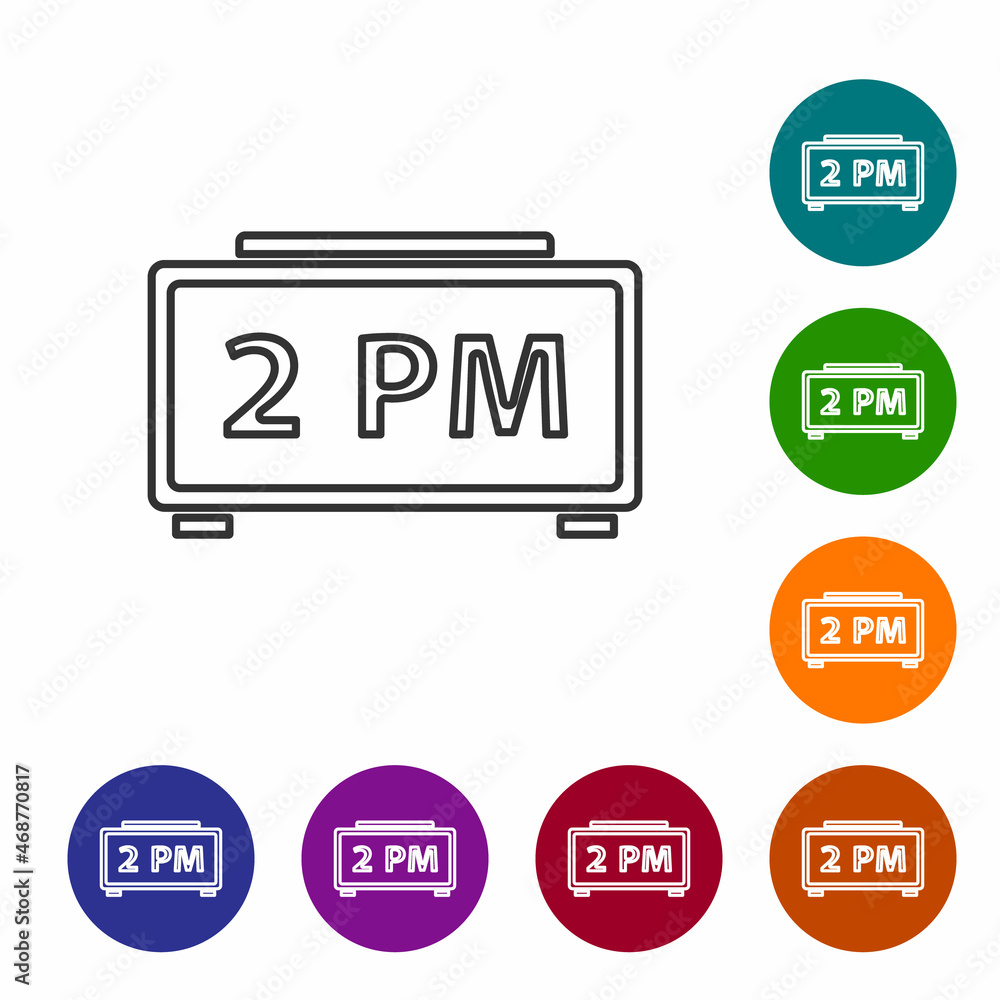 Poster black line digital alarm clock icon isolated on white background. electronic watch alarm clock. time