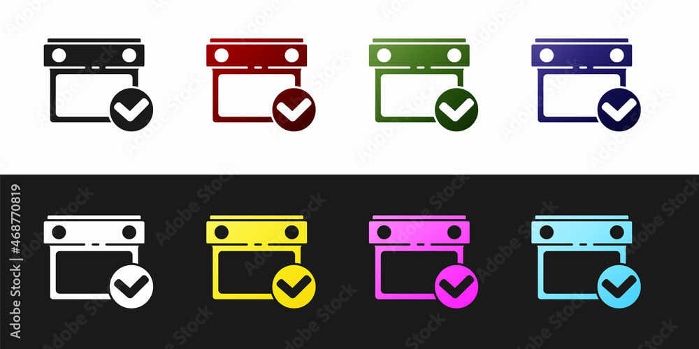 Poster set calendar with check mark icon isolated on black and white background. vector